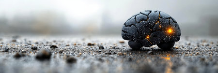 A black brain model rests on a wet surface, glimmering with small lights in a cloudy environment.の素材