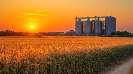 Sun sets over expansive wheat fields, highlighting silos against the colorful sky.の素材