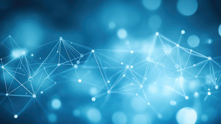 A vibrant blue background features glowing nodes connected by lines, representing a digital network.の素材