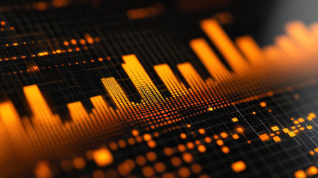 Abstract depiction of sound waves with vibrant orange hues against a dark background, showcasing energy.の素材