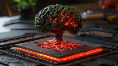 A creative depiction of a tree shaped like a brain with neon like roots, set in a contemporary workspace.の素材