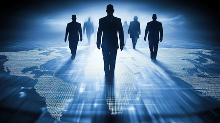 Business professionals engage with a digital map, representing progress and global connections.の素材