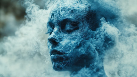 A blue figure emerges from swirling smoke, creating a surreal and captivating vision at dusk.の素材