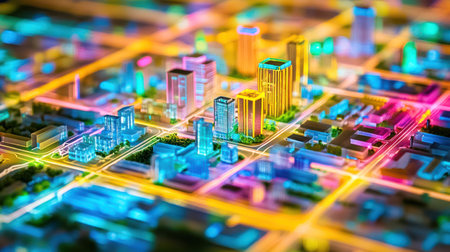 A detailed miniature city model brightly illuminated, highlighting modern architecture and street layouts.の素材