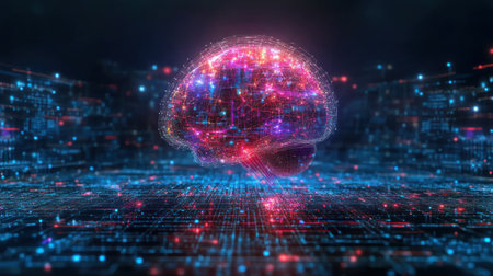 Vibrant digital brain representation surrounded by glowing data streams and neural connectionsの素材
