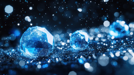 Blue gemstones sparkle on a dark surface, surrounded by shimmering particles.の素材