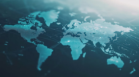 A detailed map highlights countries with network lines indicating data connections across the globe.の素材
