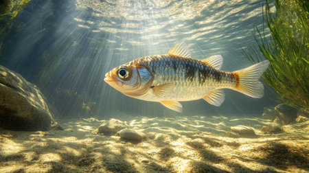 A fish glides gracefully through clear water, illuminated by gentle sunlight filtering down from the surface.の素材