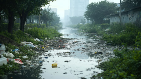 Water flows through a polluted channel lined with trash and overgrown vegetation in a city.の素材