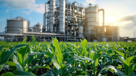 Lush green corn plants flourish in a field adjacent to a large industrial facility at dusk.の素材