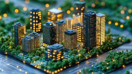 Architectural model features bright skyscrapers amid greenery, highlighting a vibrant city scene.の素材