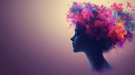 A woman's silhouette adorned with a colorful floral headdress in a dreamy artistic setting.の素材