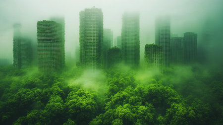 Skyscrapers are covered in vibrant green vegetation amid thick fog, creating a surreal atmosphere.の素材