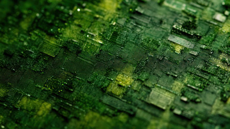 Detailed depiction of a circuit board highlighting its layered textures and rich green coloration.の素材