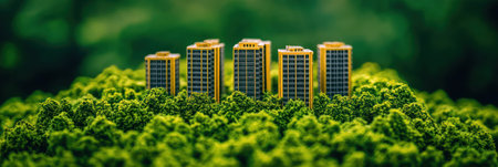Tall, modern structures stand out against a vibrant green forest background, creating a striking contrast.の素材