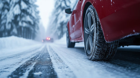 A red car navigates a snowy road while another vehicle is visible further away in winter weather.の素材
