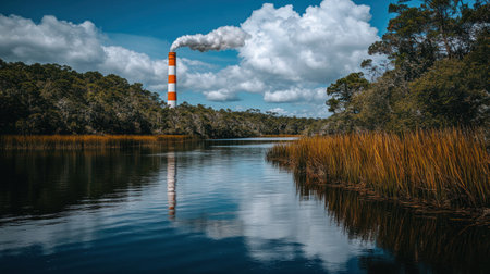 Smoke billows from a tall stack reflecting in calm waters surrounded by dense vegetation and clouds.の素材