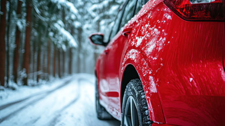 A bright red car is parked on a snowy road lined with tall pine trees in a winter landscape.の素材