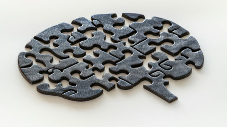 A collection of puzzle pieces shaped like a brain emphasizes the concept of problem solving and thinking.の素材