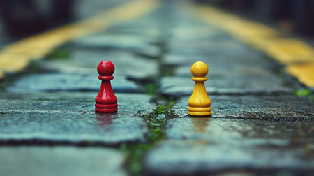 Red and yellow game pawns stand on a weathered cobblestone path with sunlight illuminating their colors.の素材