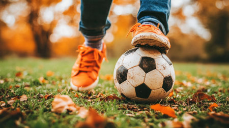 A player skillfully controls a soccer ball while standing on colorful autumn grass.の素材