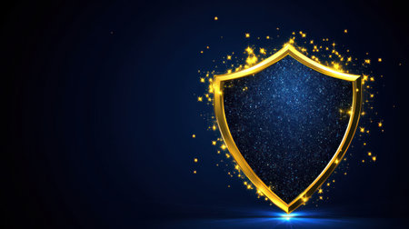 A golden shield surrounded by sparkling elements creates a striking visual for design concepts.の素材