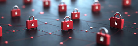 Red digital locks are placed across a network, symbolizing security in cyberspace and data protection.の素材