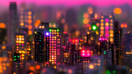 Colorful lights twinkle in city buildings as night falls, creating a captivating urban atmosphere.の素材