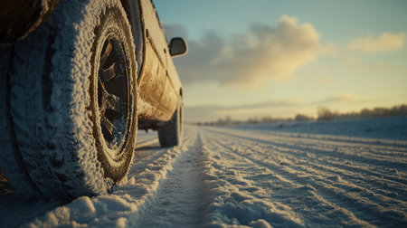A vehicle tire covered in frost rolls along a snowy road during a tranquil winter sunset.の素材