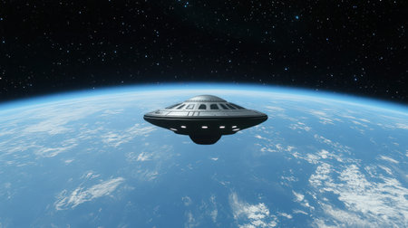 A futuristic spaceship floats elegantly over Earth, surrounded by a breathtaking view of the cosmos.の素材