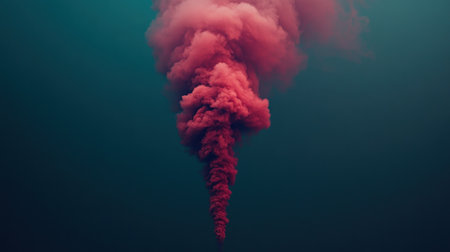 A vibrant red smoke plume spirals upwards in a striking display of color and movement.の素材
