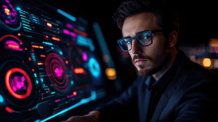 A young professional analyzes colorful data visualizations on a futuristic digital screen at night.の素材
