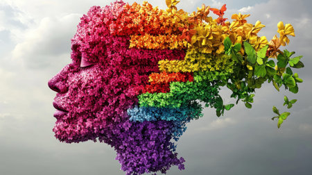 A stunning representation of a human profile formed by colorful flowers, symbolizing creativity and beauty.の素材