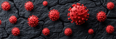 Red viral structures are scattered across a dark textured surface, highlighting their distinct features.の素材