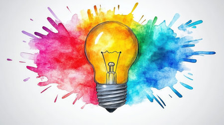 Bright light bulb amid a colorful watercolor splash symbolizing creativity and innovation.の素材
