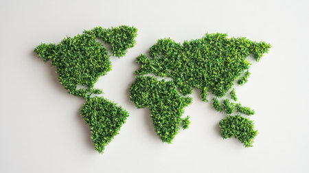 Map of the world created from lush green moss illustrating ecological awareness and environmental health.の素材