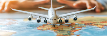 Hands reach out towards a model airplane placed on a world map, indicating travel planning.の素材