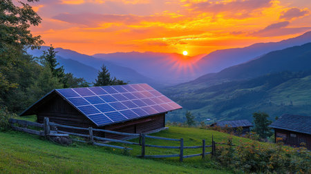 Sunset casts vibrant colors over mountains while solar panels shine on a rustic cabin in a peaceful landscape.の素材