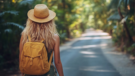 A person with curly hair and a straw hat walks along a tree lined path on a warm day.の素材