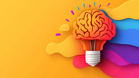 Illustration shows a brain creatively placed in a light bulb against a vibrant backdrop.の素材