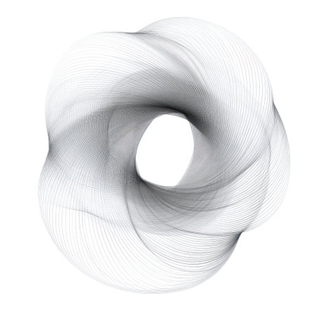 An abstract design features a twisted 3D shape with flowing lines in black and white tones.の素材