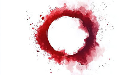Abstract art featuring a red circle surrounded by watercolor splashes on a white backdrop.の素材