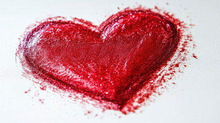 A vivid red heart is artistically created using rich pigments on a plain white surface.の素材