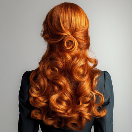 Long, curly, red orange hair styled elegantly in a half updo against a light backdrop.の素材
