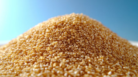 A mound of golden sesame seeds showcases their fine texture against a blue backdrop.の素材