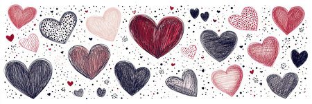 Colorful hearts on a white background create a playful vibe.の素材