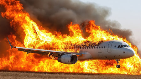 Flames engulf an airplane parked in an open field during a daytime emergency situation.の素材