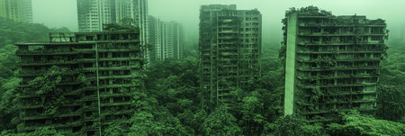 Abandoned buildings enveloped in dense foliage illustrate natures power over urban development.の素材