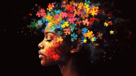 A womans profile features a cascade of colorful puzzle pieces, reflecting creativity and inspiration.の素材