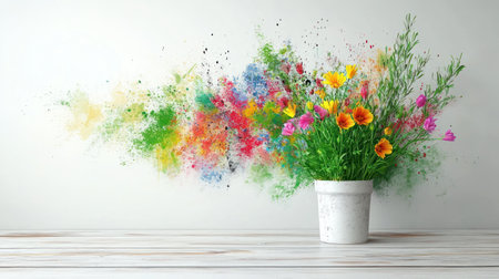 A vibrant pot of assorted flowers contrasts beautifully with a colorful splash on the wall.の素材